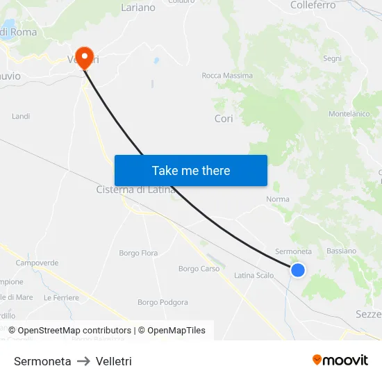 Sermoneta to Velletri map