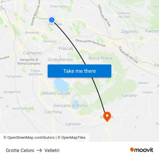 Grotte Celoni to Velletri map