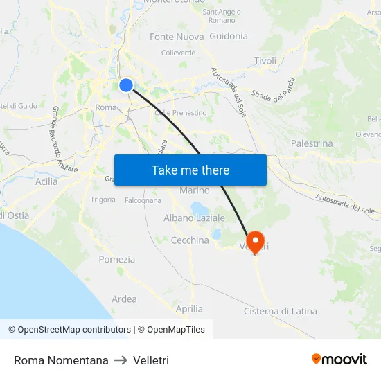 Roma Nomentana to Velletri map