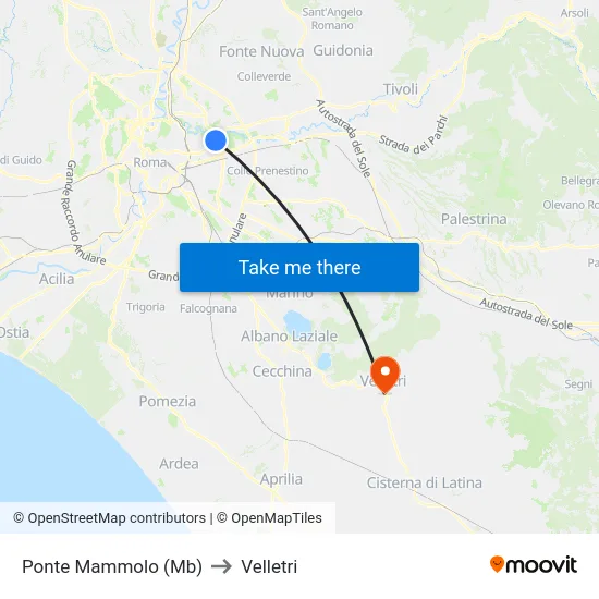 Ponte Mammolo (Mb) to Velletri map