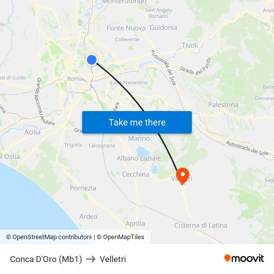 Conca D'Oro (Mb1) to Velletri map
