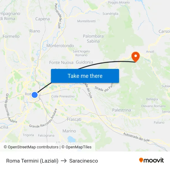 Roma Termini (Laziali) to Saracinesco map