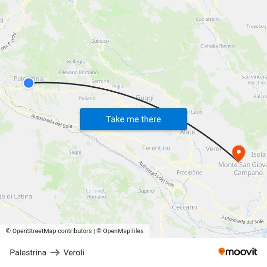 Palestrina to Veroli map