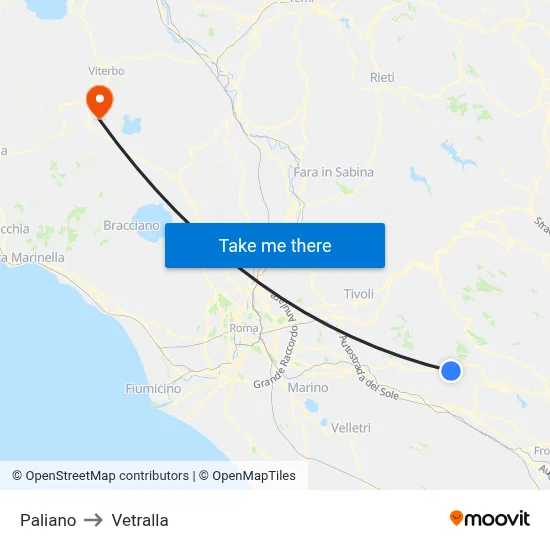 Paliano to Vetralla map
