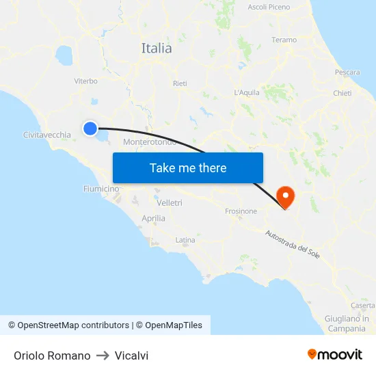 Oriolo Romano to Vicalvi map