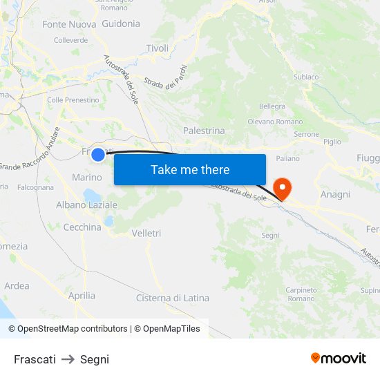 Frascati to Segni map