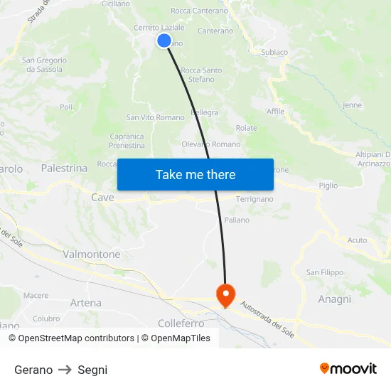 Gerano to Segni map