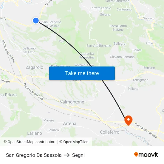 San Gregorio Da Sassola to Segni map