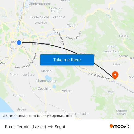Roma Termini (Laziali) to Segni map
