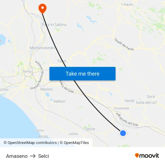 Amaseno to Selci map