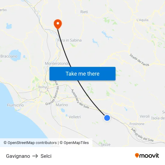 Gavignano to Selci map