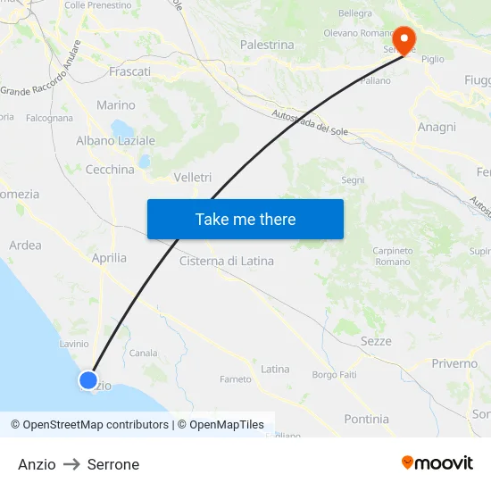 Anzio to Serrone map