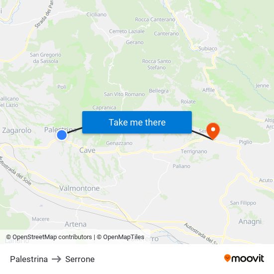 Palestrina to Serrone map
