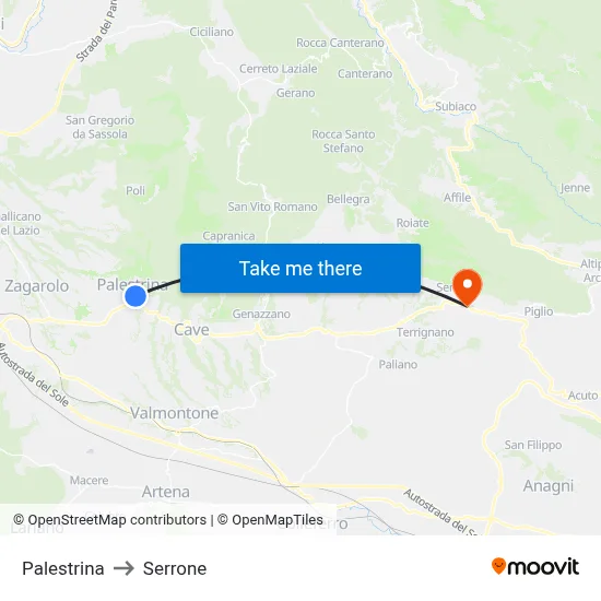 Palestrina to Serrone map