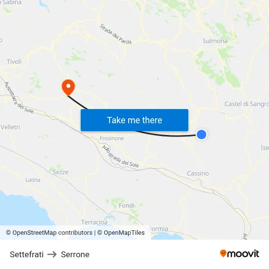Settefrati to Serrone map