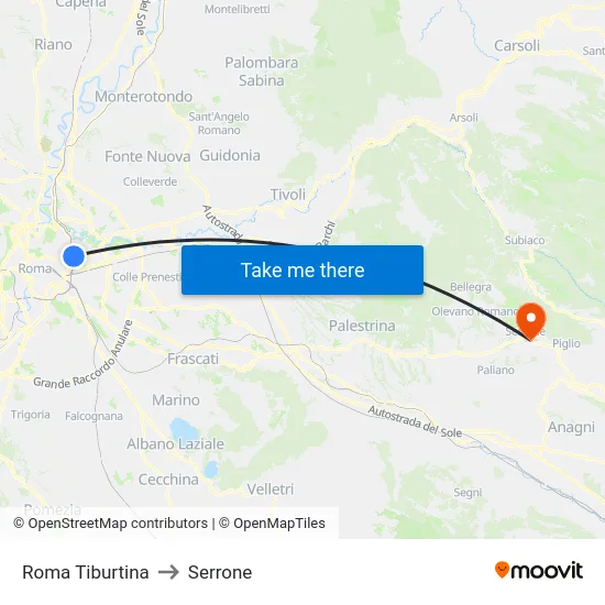 Roma Tiburtina to Serrone map