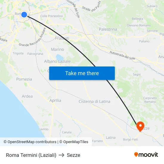 Roma Termini (Laziali) to Sezze map