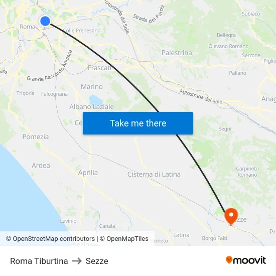 Roma Tiburtina to Sezze map