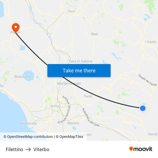 Filettino to Viterbo map
