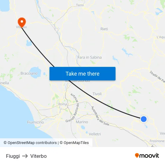 Fiuggi to Viterbo map