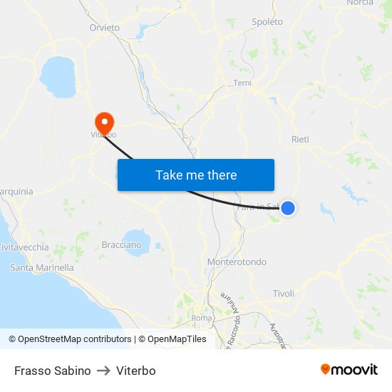 Frasso Sabino to Viterbo map