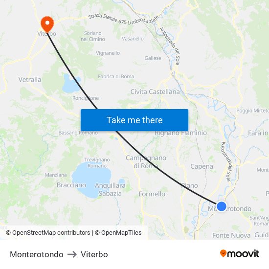 Monterotondo to Viterbo map