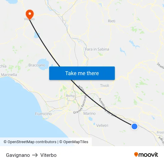 Gavignano to Viterbo map