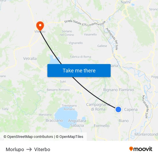 Morlupo to Viterbo map