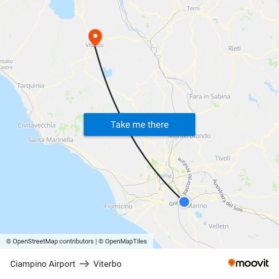 Ciampino Airport to Viterbo map