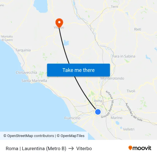 Roma | Laurentina (Metro B) to Viterbo map