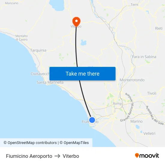 Fiumicino Aeroporto to Viterbo map