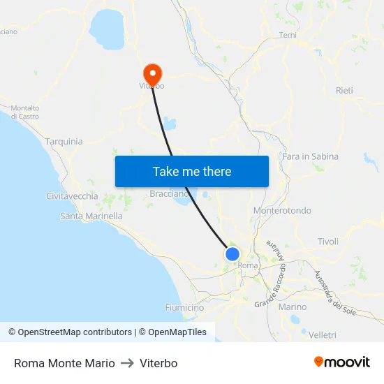 Roma Monte Mario to Viterbo map