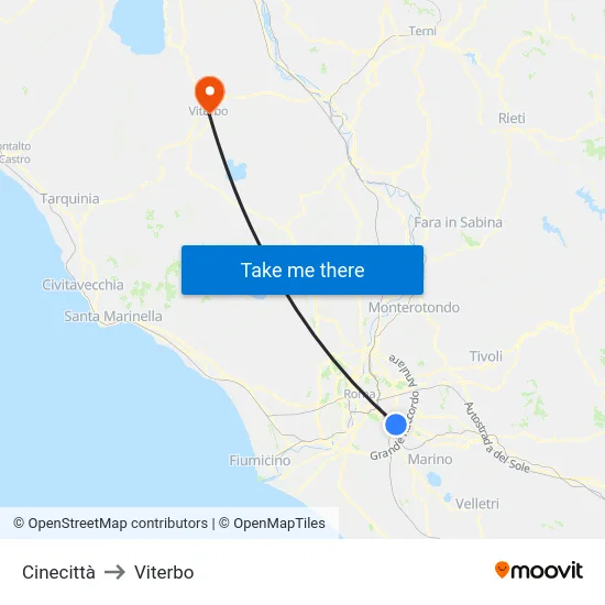 Cinecittà to Viterbo map