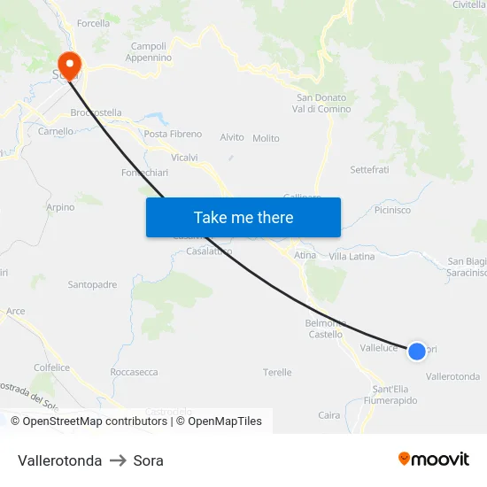 Vallerotonda to Sora map