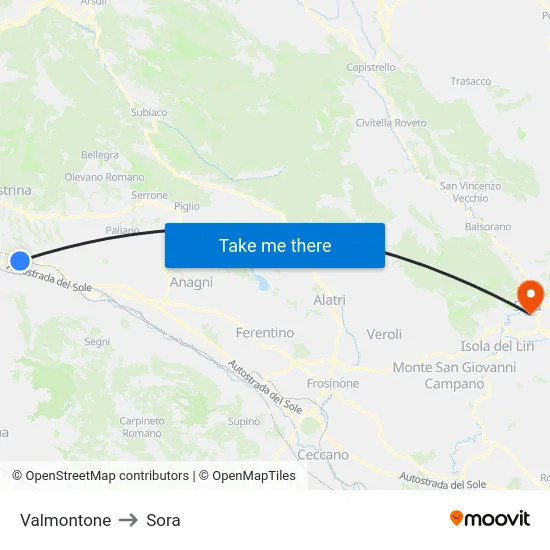 Valmontone to Sora map