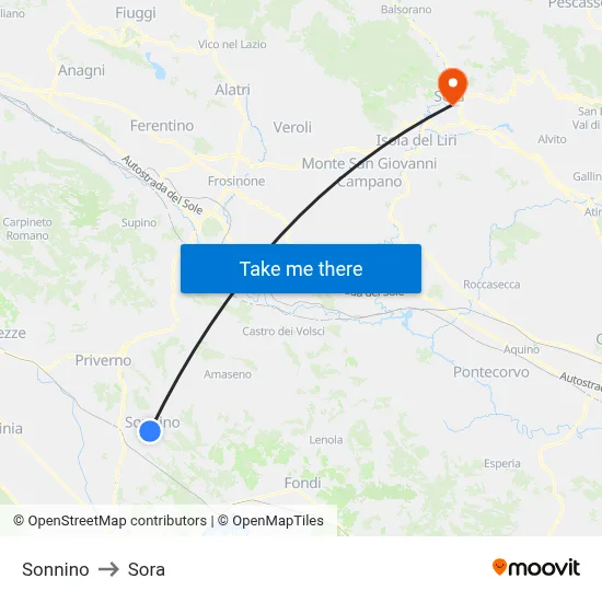 Sonnino to Sora map