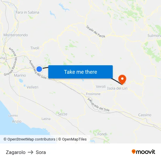 Zagarolo to Sora map