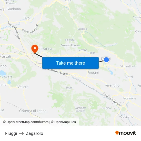 Fiuggi to Zagarolo map