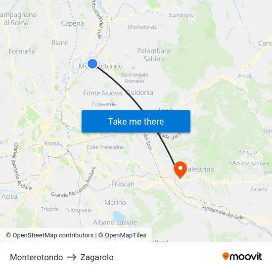 Monterotondo to Zagarolo map