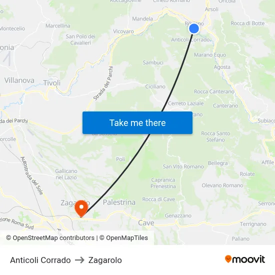 Anticoli Corrado to Zagarolo map