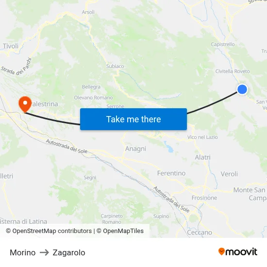 Morino to Zagarolo map