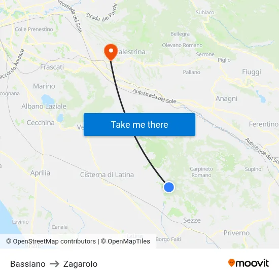 Bassiano to Zagarolo map