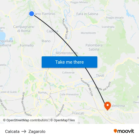 Calcata to Zagarolo map