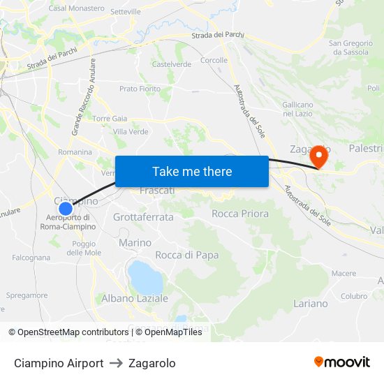 Ciampino Airport to Zagarolo map