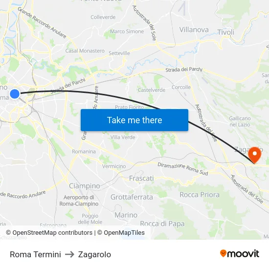 Roma Termini to Zagarolo map