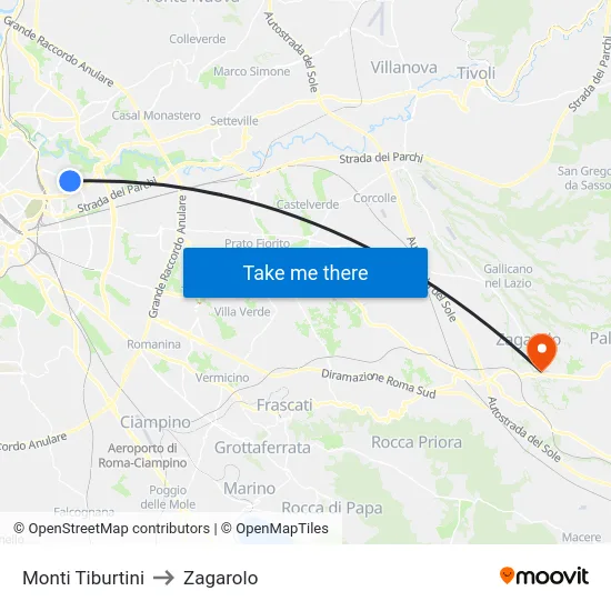 Monti Tiburtini to Zagarolo map