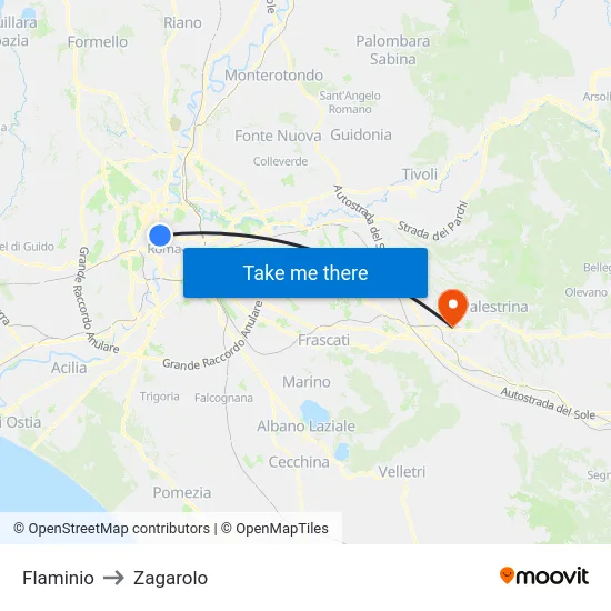 Flaminio to Zagarolo map