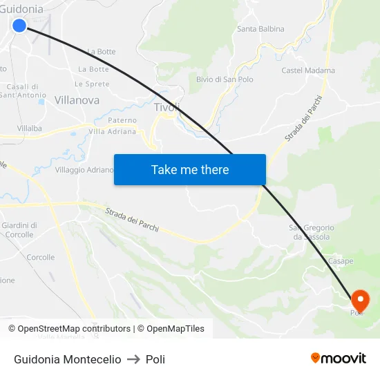 Guidonia Montecelio to Poli map