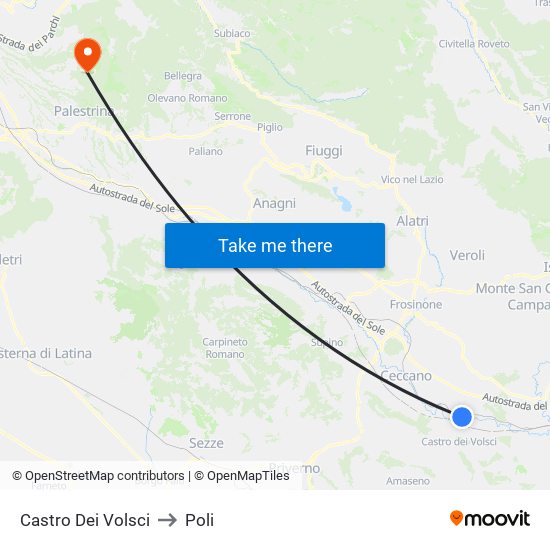 Castro Dei Volsci to Poli map