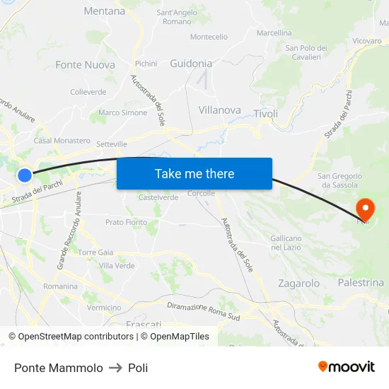 Ponte Mammolo to Poli map